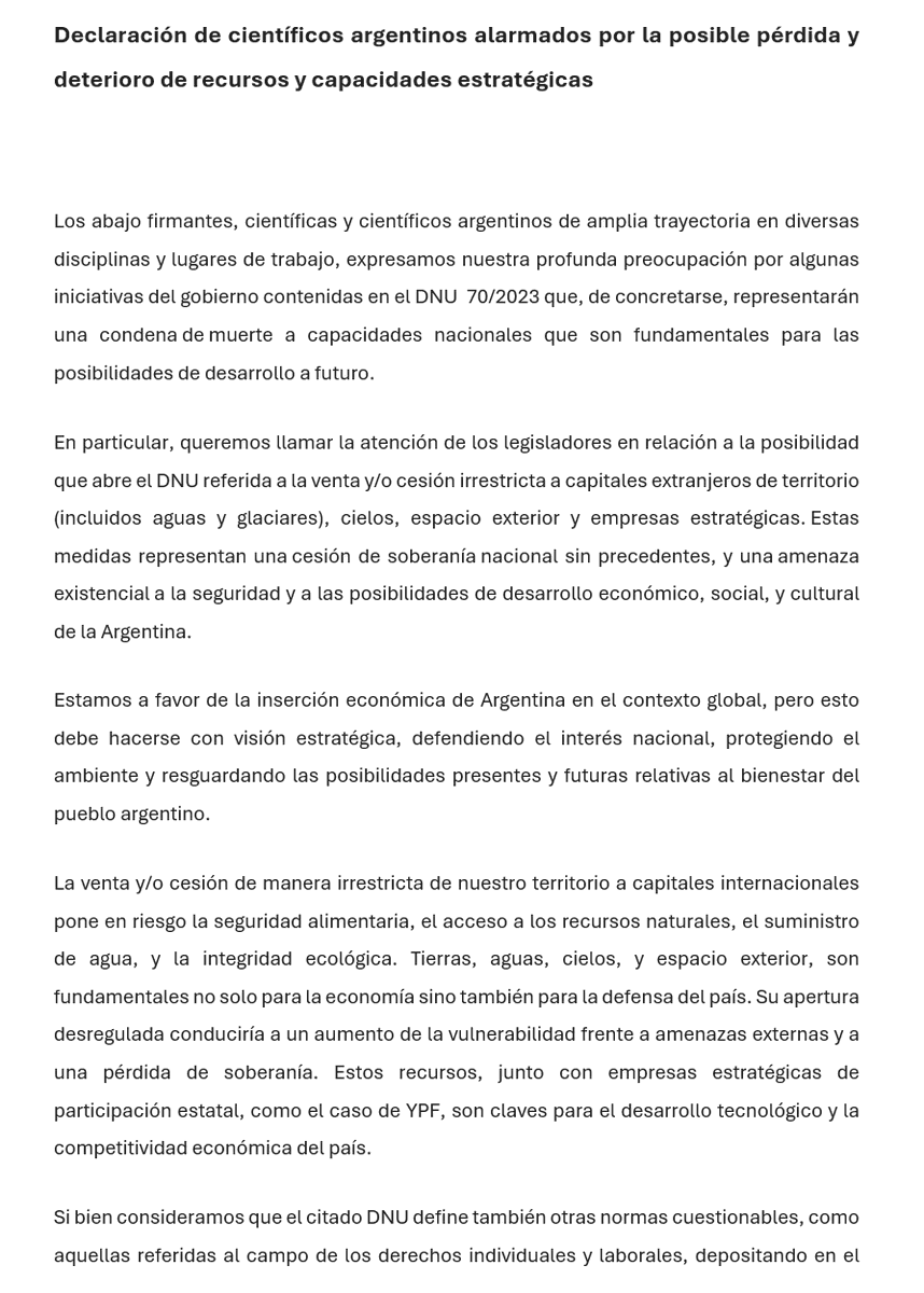 FernaStefani's tweet image. Muchos científicos argentinos estamos profundamente preocupados por algunas implicancias del mega DNU que ponen en riesgo capacidades y recursos nacionales clave para nuestro desarrollo.
👇  
Nota que hemos enviado a los legisladores nacionales: