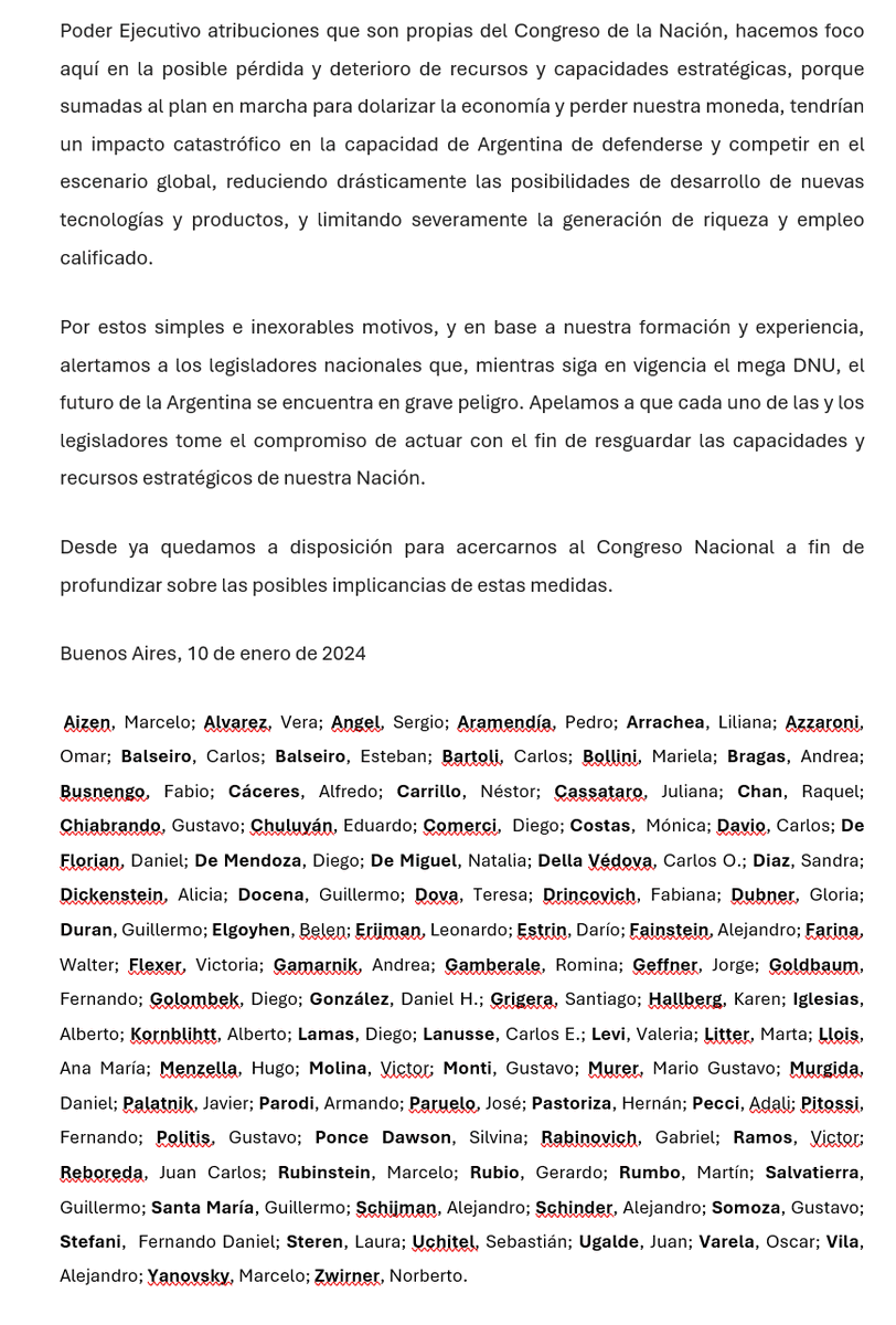Muchos científicos argentinos estamos profundamente preocupados por algunas implicancias del mega DNU que ponen en riesgo capacidades y recursos nacionales clave para nuestro desarrollo.
👇  
Nota que hemos enviado a los legisladores nacionales: