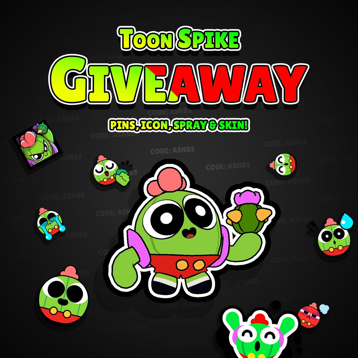 TOON SPIKE GIVEAWAY! 🚨🌵  

Toon Spike with pins and sprays! Prize will be sent in the form of gems to your account! 

 To enter:   

♥️ Just Like and Follow me <a href="/AshClashYT/">Code: AshBS</a>

That’s it! I will be choosing one winner on Twitter/X and one winner on Instagram:  @ashbrawl  
Winners