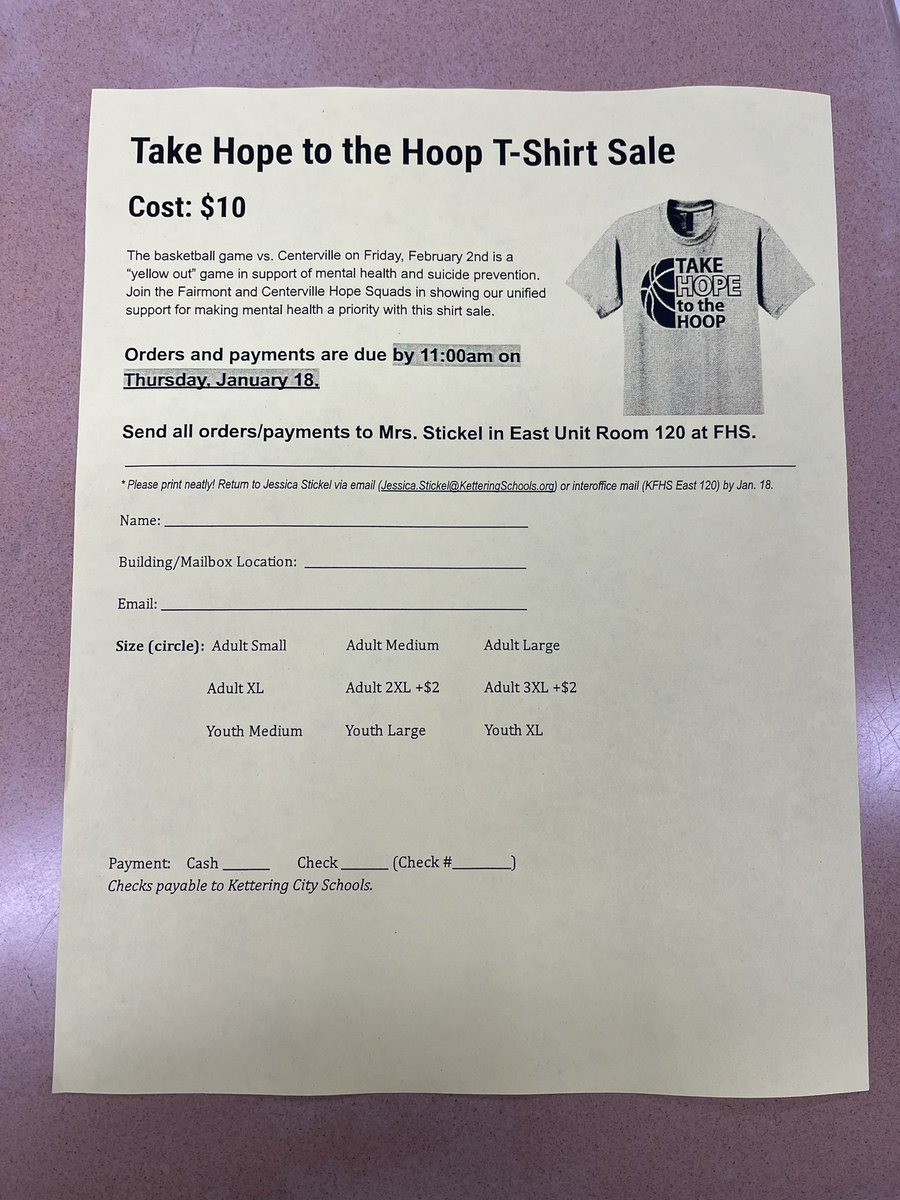 Hey Firebirds! FRIDAY, FEBRUARY 2ND is our Take Hope to the Hoop game!!Show your support for suicide awareness by wearing yellow! Take Hope to the Hoop shirts are now for sale!!Check with your advisory teacher or reach out to a Hope Squad member for an order form!! $10 per shirt!