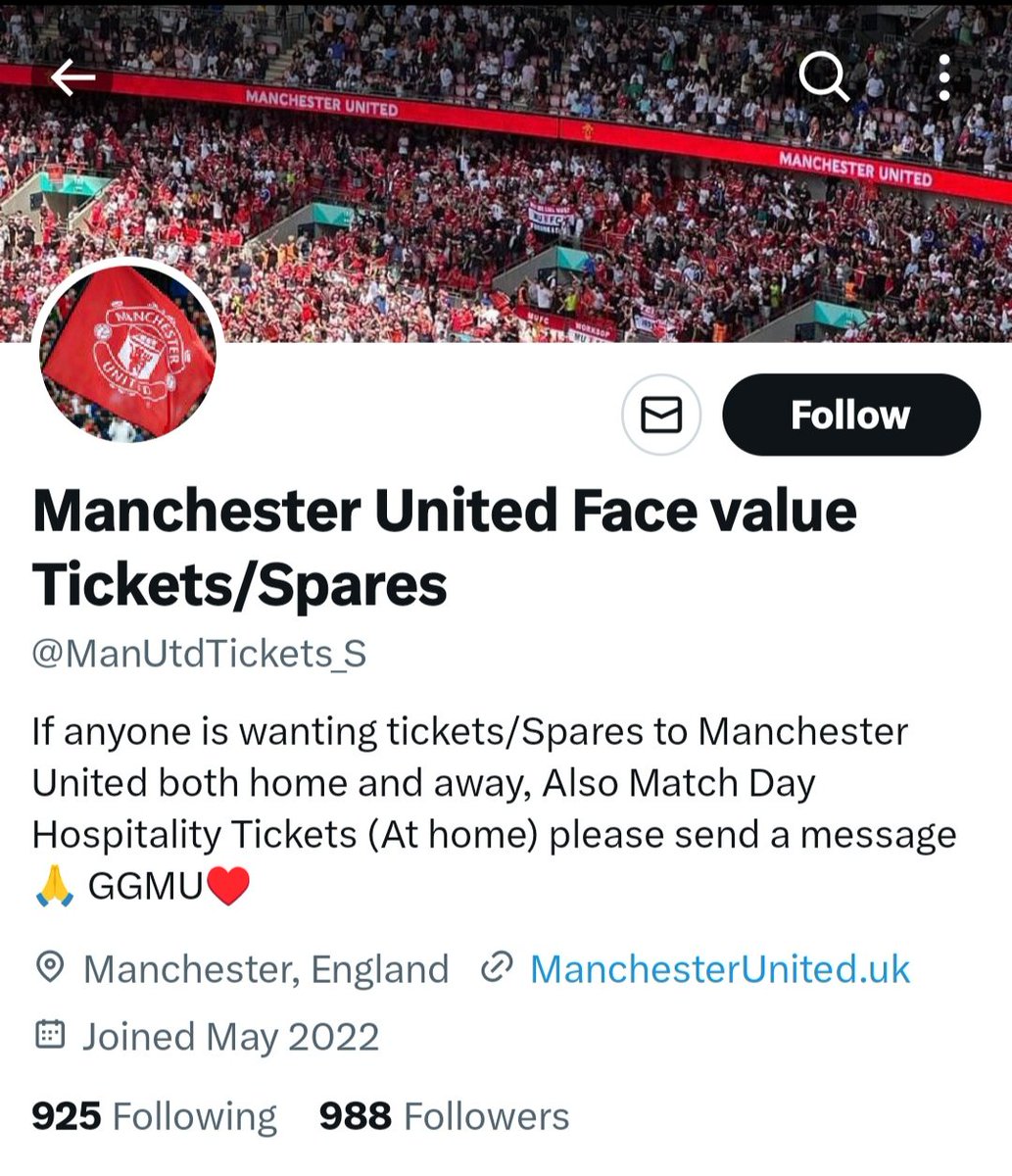 SeventhRed's tweet photo. @ManUtdTickets_S daily tweet to warn everyone to avoid this SCAMMER. Will take money but has no tickets #mufc #mufcspares #Mufctickets #MUFC_FAMILY #utdtickets https://t.co/HS6lcorn8r