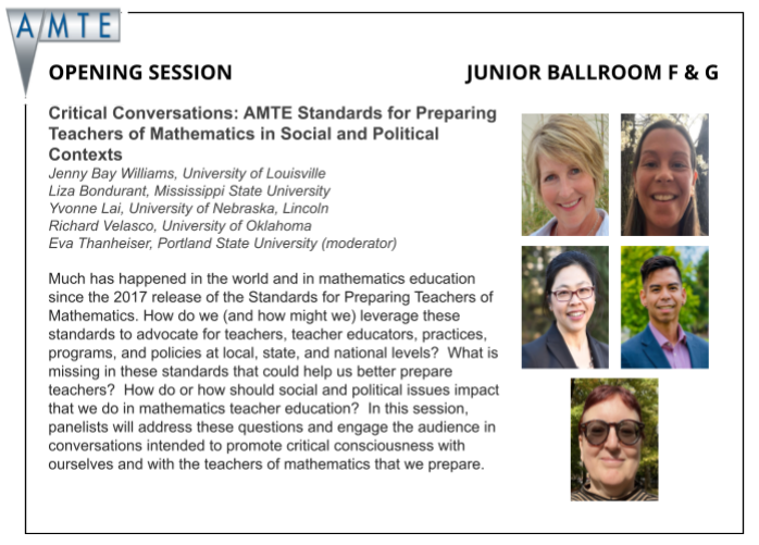 Our 2024 @AMTEnews opening session features a phenomenal panel! Join us Thursday, February 8th, from 8:30-10 am as we engage in critical conversations on the social and political contexts of AMTE standards. We hope to see you there! #AMTE2024