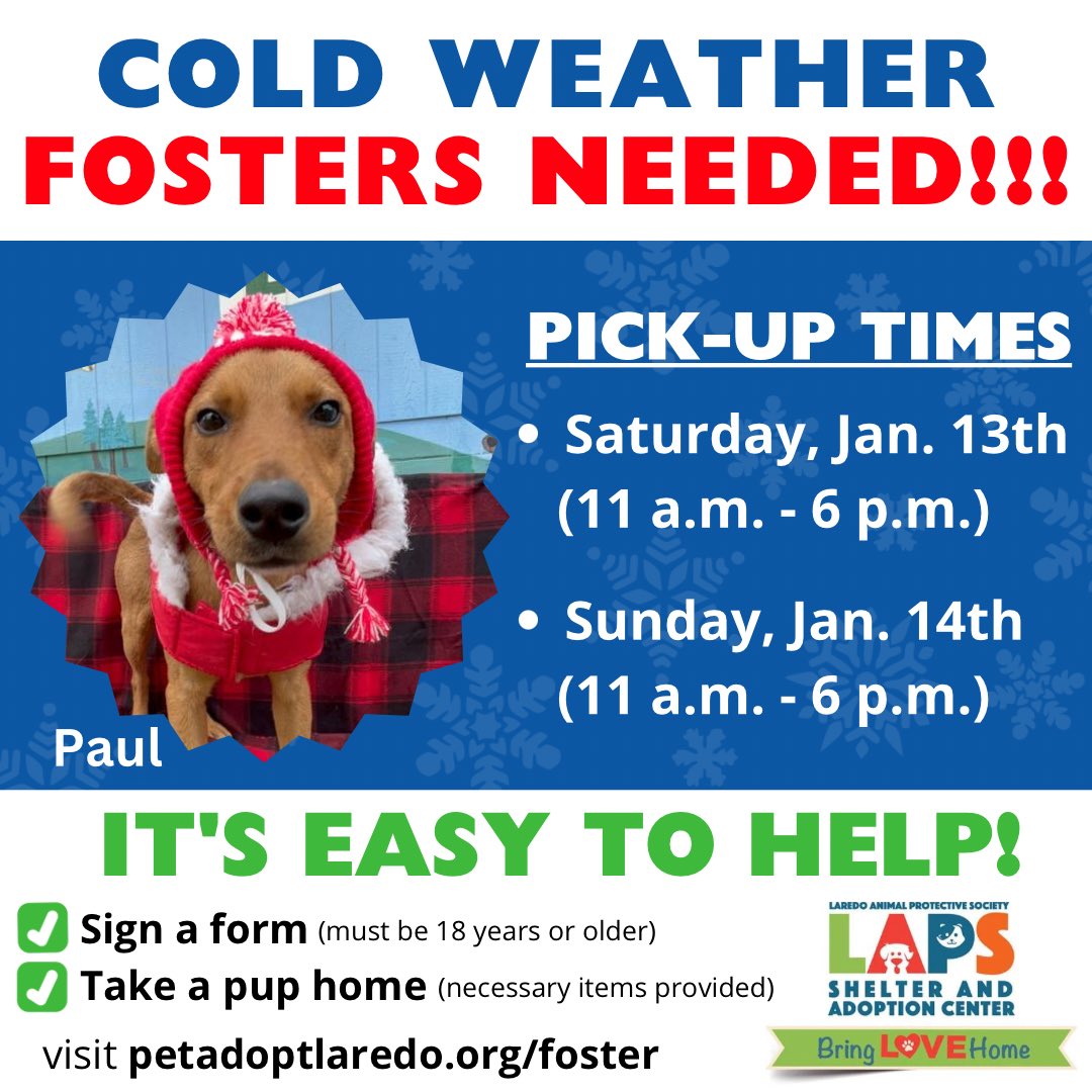 It’s going to be extremely cold this coming week ❄️ &amp; our dogs would love to spend the chilly nights in a warm home 🏡 Let’s get all of our dogs out before Sunday night!

Don’t forget to fill out the online application to make the process quicker: shelterluv.com/matchme/foster…