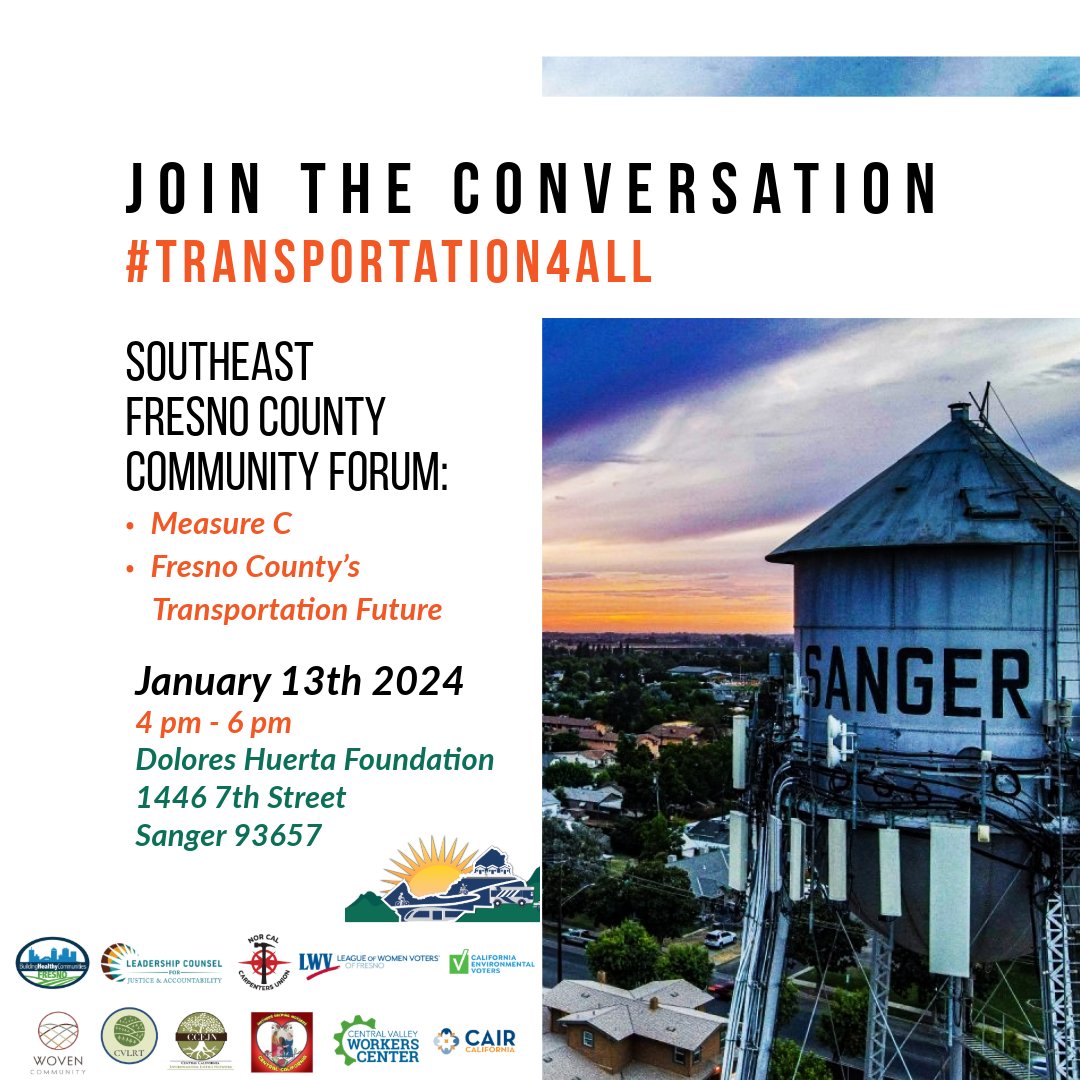 LCJandA's tweet photo. Southeast Fresno County! Join the #Transportation4All Coalition on January 13 to discuss #MeasureC, Fresno County's transportation sales tax measure. Voice your concerns, share your ideas, and learn more about a community-led path toward Fresno County's transportation future. https://t.co/bRdKNwBhCW