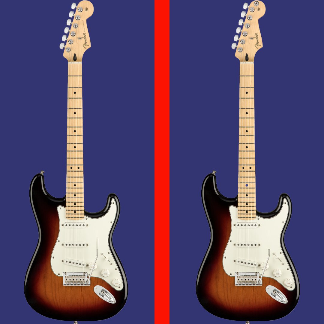 🎸 Can you find all 6 differences between these two Fender Stratocaster images? 🕵️‍♂️ Reply with the the changes you spot on the right guitar image from 1-6! Let's see who has an eagle eye. 👀 #SpotTheDifference #FenderStratocaster #GuitarChallenge
