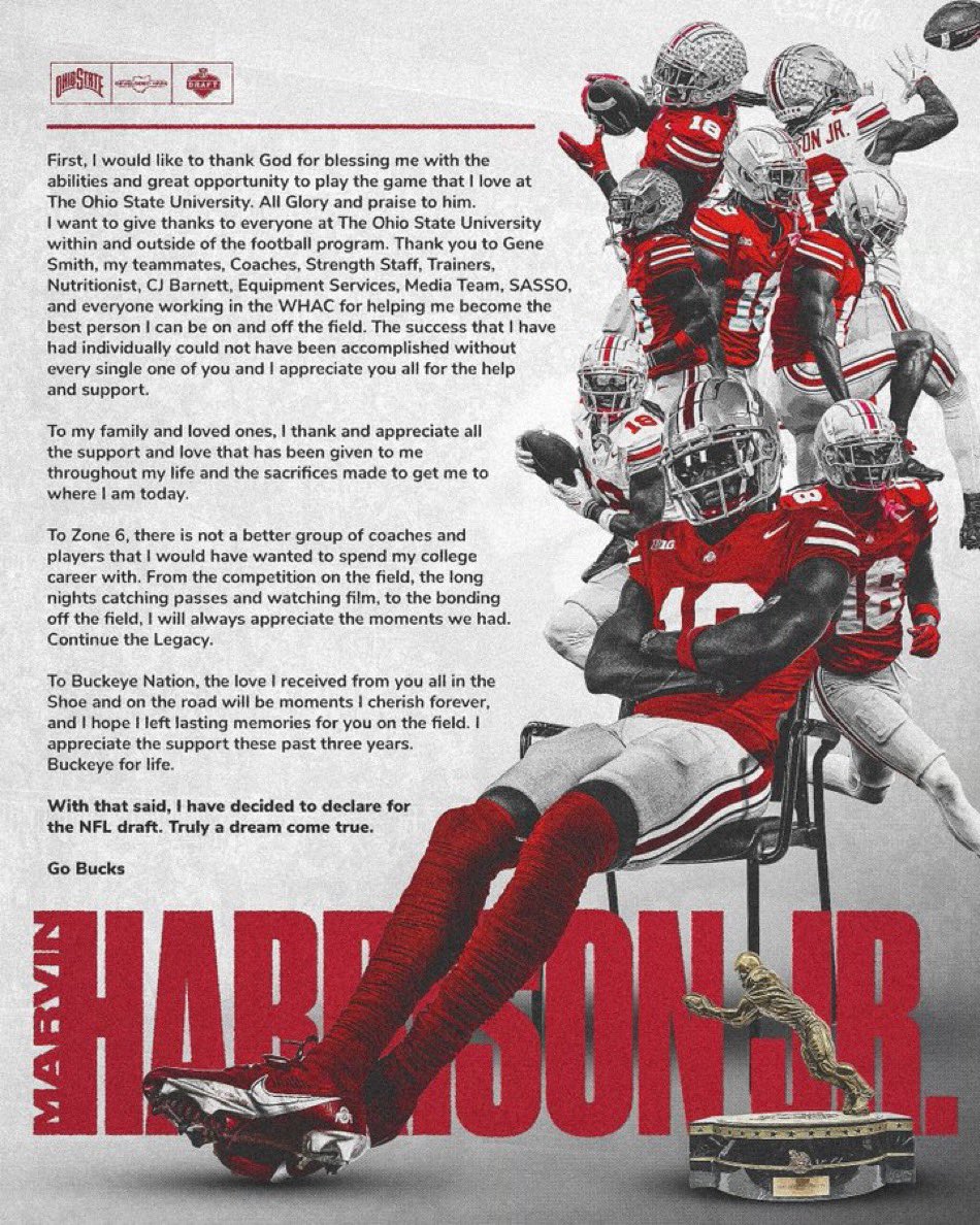 BarstoolOSU's tweet photo. Marvin Harrison Jr. has officially Declared for the NFL Draft 😔Thank you for everything Marv ‼️@MarvHarrisonJr https://t.co/gUjCcbsb1I