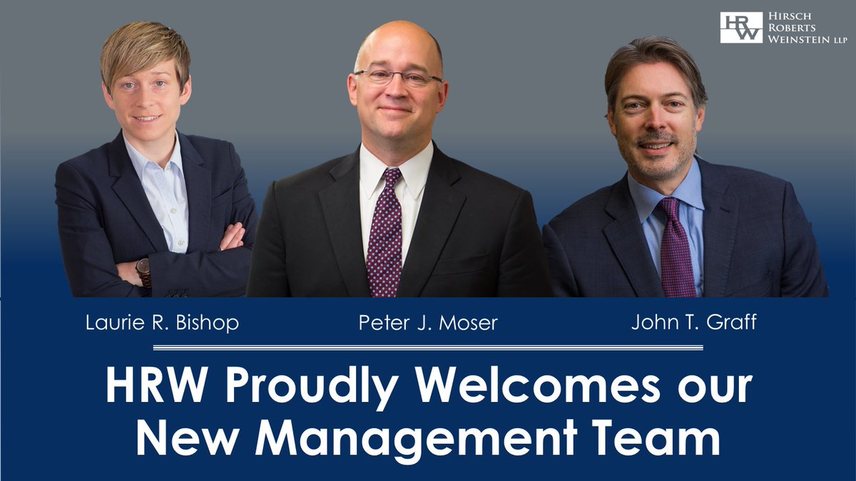 HRWLawyers's tweet photo. As we begin a new year, HRW is proud to announce an exciting transition in management structure. Jeff Hirsch &amp; @ScottRobertsEsq have passed the torch to HRW's new managing partner Pete Moser and management committee members Laurie Bishop and @jtgraff https://t.co/ClwdX2R0rz https://t.co/eXLbTGpigH