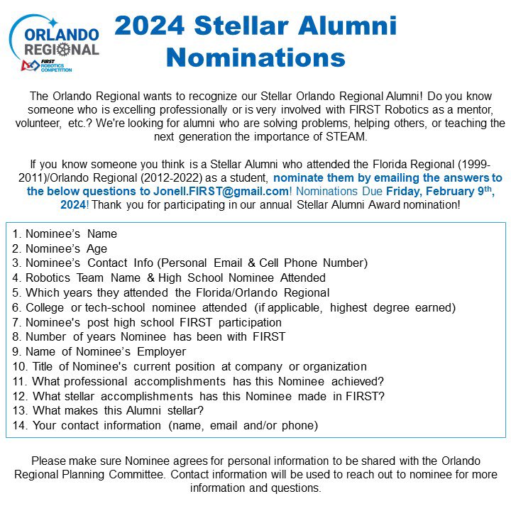 Nominations for our Stellar Alumni are now open! 🤖 If you know an outstanding graduate making waves in the robotics world, nominate them today. Let's celebrate their achievements together! 🦾 #OMGRobots #OrlandoFRC #FIRSTRobotics #FIRSTinFlorida #FIRSTAlumni