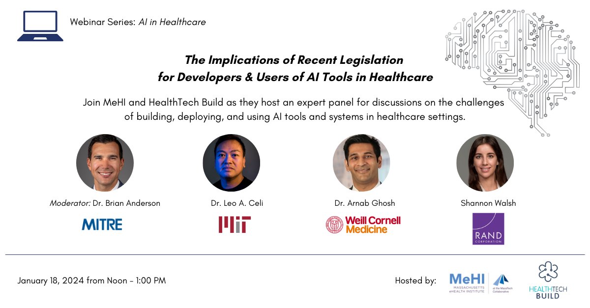 MA eHealth Institute (@massehealth) on Twitter photo One week from today, we & @HealthTechBuild are hosting an expert panel on healthcare AI on 1/18. The panel will feature a stellar lineup of experts from <a href="/MITREhealth/">MITREhealth</a>, <a href="/RANDCorporation/">RAND</a>, <a href="/WeillCornell/">Weill Cornell Medicine</a> & <a href="/MIT/">Massachusetts Institute of Technology (MIT)</a>!
Register: us02web.zoom.us/webinar/regist…
#Healthcare #AI #MassDigitalHealth One week from today, we & @HealthTechBuild are hosting an expert panel on healthcare AI on 1/18. The panel will feature a stellar lineup of experts from <a href="/MITREhealth/">MITREhealth</a>, <a href="/RANDCorporation/">RAND</a>, <a href="/WeillCornell/">Weill Cornell Medicine</a> & <a href="/MIT/">Massachusetts Institute of Technology (MIT)</a>!
Register: us02web.zoom.us/webinar/regist…
#Healthcare #AI #MassDigitalHealth