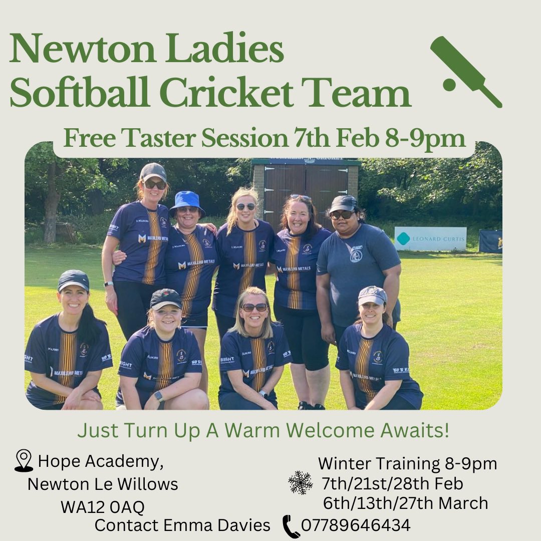 Newton Le Willows CC (@nlwcricket) on Twitter photo Our Ladies winter nets is starting up again in February, they are hosting a free taster session <a href="/Hope_Academy/">Hope Academy</a> on the 7th Feb. Everybody 13+ are welcome to join no experience necessary!! Our Ladies winter nets is starting up again in February, they are hosting a free taster session <a href="/Hope_Academy/">Hope Academy</a> on the 7th Feb. Everybody 13+ are welcome to join no experience necessary!!