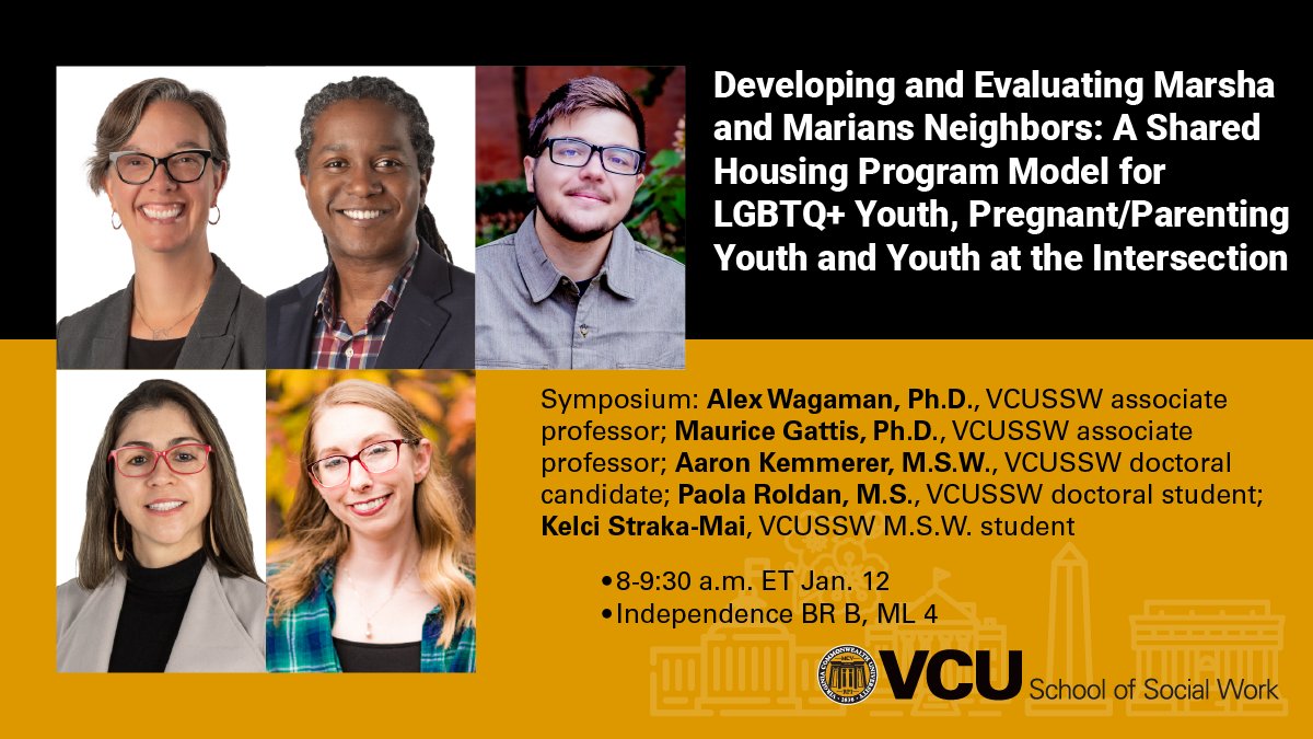 Jan. 12 – <a href="/SSWRorg/">SSWR</a>’s #SSWR2024: <a href="/alex_wagaman/">Alex Wagaman</a>, #VCUSSW assoc. prof.; Maurice Gattis, #VCUSSW assoc. prof.; Aaron Kemmerer, #VCUSSW doc candidate; Paola Roldan, #VCUSSW doc student; Kelci Straka-Mai, #VCUSSW M.S.W. student. vcussw.info/SSWR2024