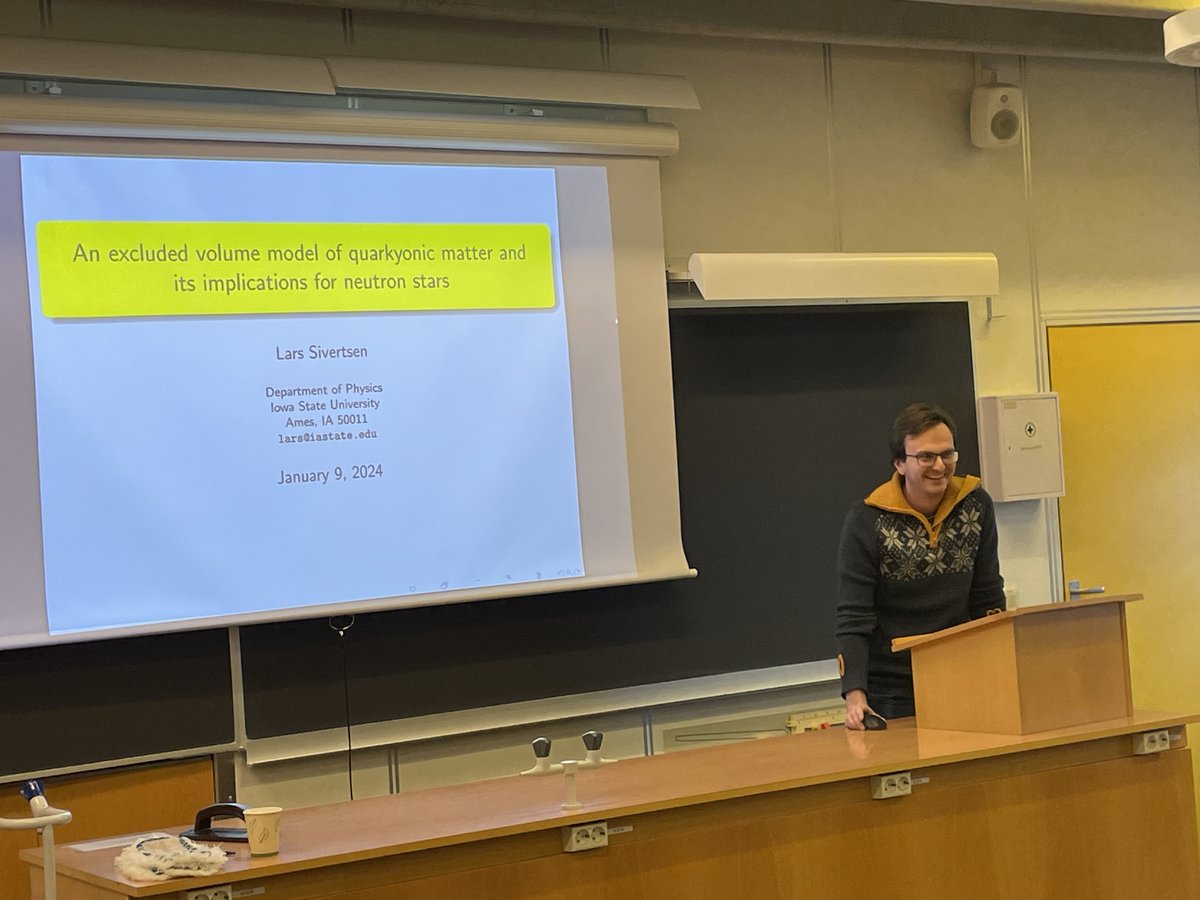 UiSIMF's tweet photo. It was a pleasure to welcome Lars Sivertsen (@IowaStateU) to the first #NPACT seminar of 2024 at @unistavanger and listen to his talk on recent result on quarkyonic matter and its implications for #neutronstars. Lively discussions with staff and PhD students. https://t.co/qQHkQxGUjc