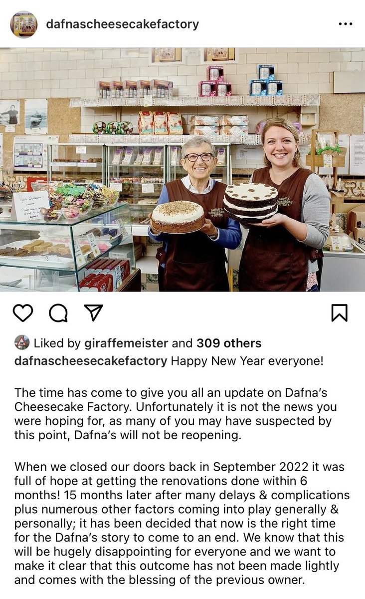 chamiltonbbc's tweet photo. Devastated that Dafnas Cheesecake Factory won’t reopen 🥲
When I was a student, this was the place me &amp; a friend would go to reward ourselves with a delicious cake if we’d revised for more than 20 mins. Fast forward to lockdown &amp; it was a destination for family walks. Farewell! https://t.co/EO3b3INIj5