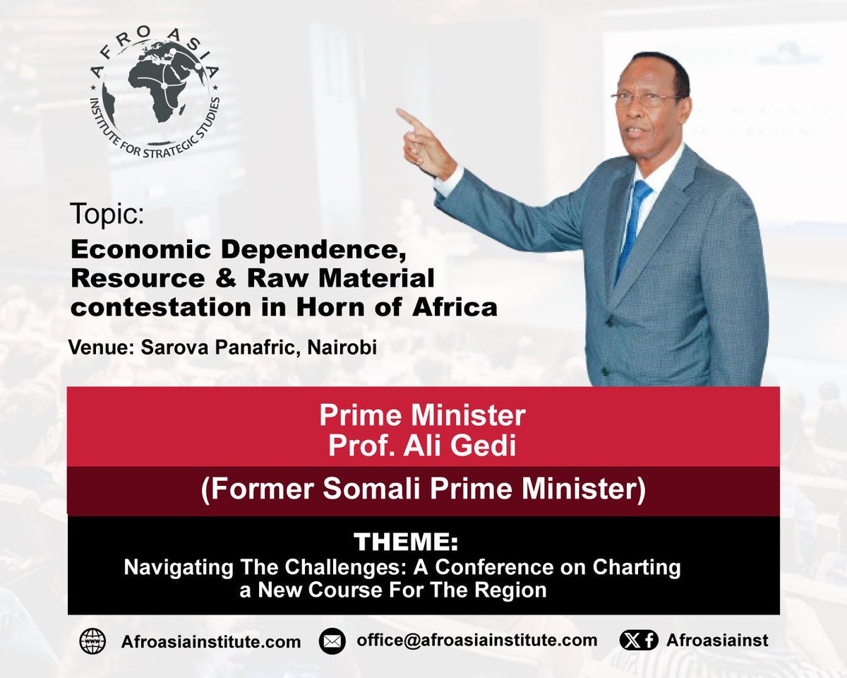 AfroAsiaInst's tweet photo. At the #AAILaunch at @AfroAsiaInst for Strategic Studies on the 13th January 2024, former Prime Minister prof. @AliMGedi will give a very timely presentation on:
Economic Dependence, Resource & Raw Material Contestation in the Horn of Africa.
📍 Sarova PanAfric, Nairobi. https://t.co/IiIcbKG77u