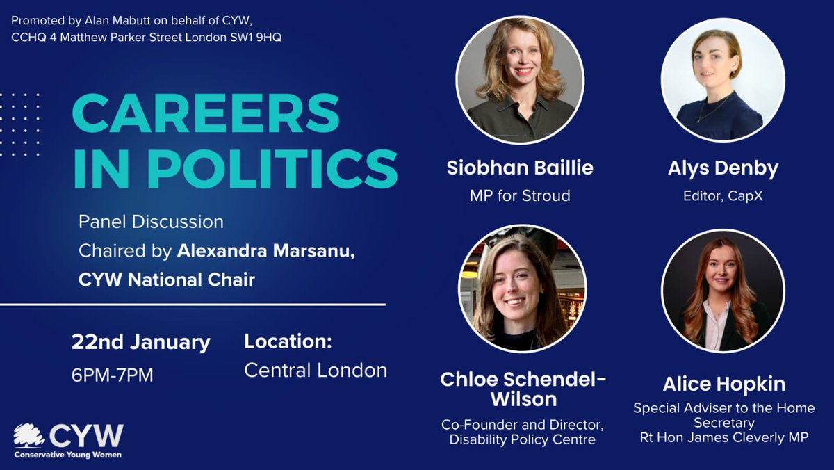 🙋‍♀️🔵Careers in Politics Panel Discussion Join us at 6pm on Monday 22nd January for our next in-person event featuring @Siobhan_Baillie, @alysdenby, @AliceMHopkin, and @ChloeSWilson 🔗 Register here: conservativeyoungwomen.com/events-1/caree…