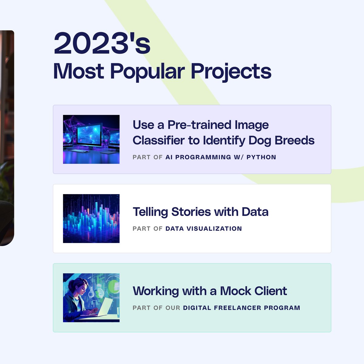 udacity's tweet image. 💫 2023 was a year of promise and a year of projects for ambitious learners everywhere. Congrats on striving toward, meeting, and exceeding your professional goals in 2023. Here’s to an even bigger 2024. 🚀

#techcareers #techprojects #onlinelearning