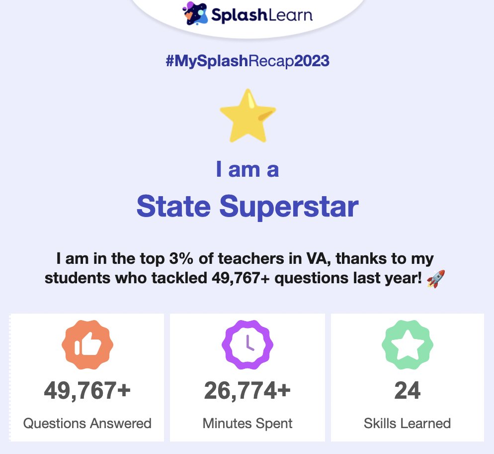 Meryl Innerfield (@msinnerfield) on Twitter photo Wow! The <a href="/HCSFLEx/">Future Learning Experience</a> First Graders are in the top 3% of classes in Virginia on <a href="/SplashLearn/">SplashLearn</a> !
#virtuallearning <a href="/lockettech/">Jennifer Lockett</a> <a href="/TechyThomason/">Jennifer Thomason</a> Wow! The <a href="/HCSFLEx/">Future Learning Experience</a> First Graders are in the top 3% of classes in Virginia on <a href="/SplashLearn/">SplashLearn</a> !
#virtuallearning <a href="/lockettech/">Jennifer Lockett</a> <a href="/TechyThomason/">Jennifer Thomason</a>