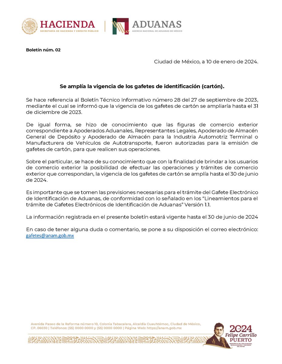 ClaaMx's tweet photo. Boletín núm 02 #ANAM - Se amplía la vigencia de los gafetes de identificación (cartón).
#CLAAInforma #ComunidadCLAA #AgenteAduanal https://t.co/Rad9PmkgwR