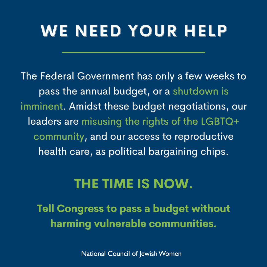 NCJW's tweet photo. ⏰ Time is running out! With anti-LGBTQ+ provisions in the spotlight, upcoming budget negotiations are critical. Advocate for a clean budget NOW. TAKE ACTION NOW: https://t.co/6rAdwIw6d7 #FaithForEquality #CleanBudget #NoRiders https://t.co/uu9uTGc70K
