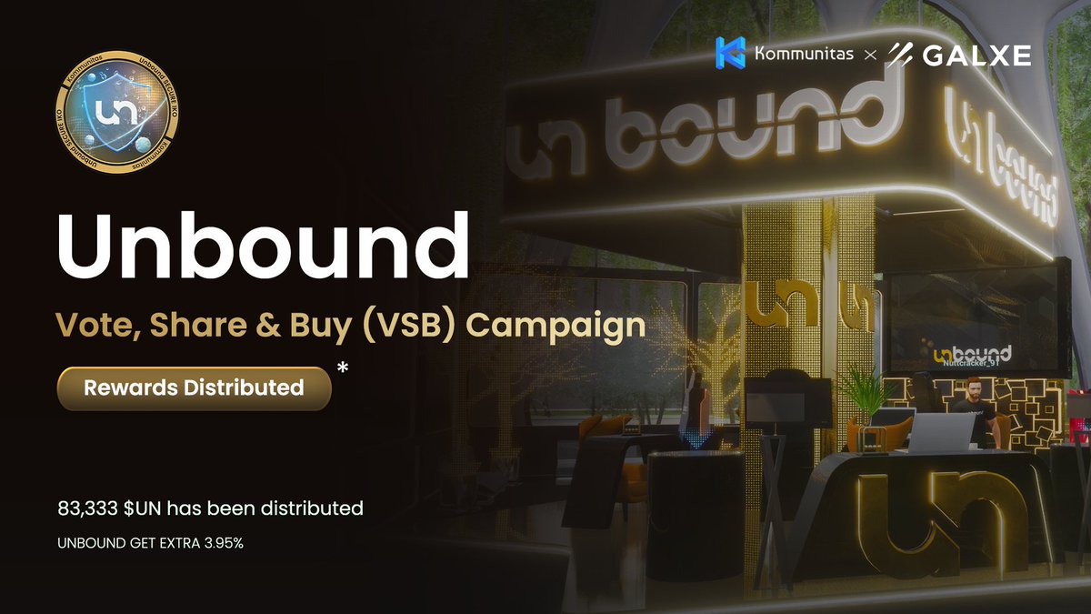 📣 Our VSB rewards for @theunbound_io has distributed. As a special bonus, each buyer of $UN receives a 3.95% Token Gain for a total Reward of 83,333.00 UN!
 
Read more here: bit.ly/VSB-Rewards

#KOMvsb #Kommunitas #buy #campaign #investment #cryptocurrency #earn