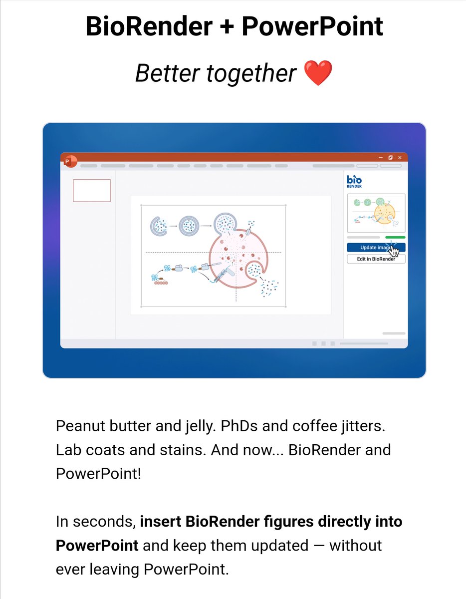 I don't get paid by @BioRender, but I am so excited about the biorender + powerpoint joint. We can now update our biorender images in powerpoint with just one click, no more exporting, copying and pasting 🔄