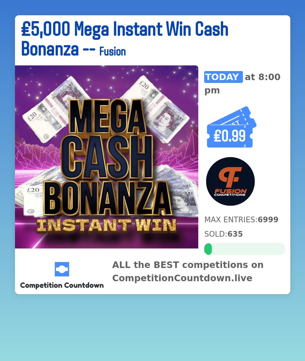 CompetitionCou1's tweet photo. Check out this competition on https://t.co/qW8XujUG8M ! 
£5,000 Mega Instant Win Cash Bonanza
 Competition Countdown does not run any competitions, we just show you all the best one is one place! 🔥🔥 WOW 👀 
 
 #cash #win #winmoney #competitioncountdown #competition_coun... https://t.co/uhtAefmefe