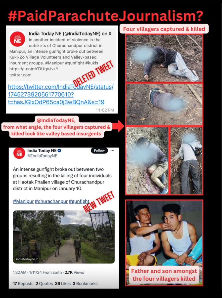 delhimeitei's tweet photo. It is with great sorrow and deep concern that we express our unequivocal condemnation of the recent tragic incident where armed Kuki militants abducted, tortured, and then killed four innocent Meitie villagers, including a father and a son, who were engaged in the peaceful activity of cutting and collecting firewood for daily usage.

The loss of precious lives in such a manner is a stark reminder of the vulnerability faced by the Meitie community living in the peripheral area of the Kuki-dominated region. We extend our heartfelt condolences to the families affected by this senseless act of violence.

We call upon the relevant authorities to conduct a thorough investigation into this heinous crime, bringing the perpetrators to justice.

Additionally, we urge increased efforts to ensure the safety and security of the Meitie community living in the foothills and its peripheral area as they go about their daily lives.

Mind you those reporting falsely @IndiaTodayNE @vijaita 
Media should be neutral and stick to the facts only.
Not some copy paste propaganda from other side.

@NBirenSingh @AmitShah @PMOIndia 
@Paari_Athouba @MeiteiAMA 
@WorldMeeteiConv  @timesofindia 
@debanishachom 

#ManipurFightsBack #KukiAtrocities
#KukiWarCrimes #KukiTerrorists
#SaveMeitei #SaveManipur
