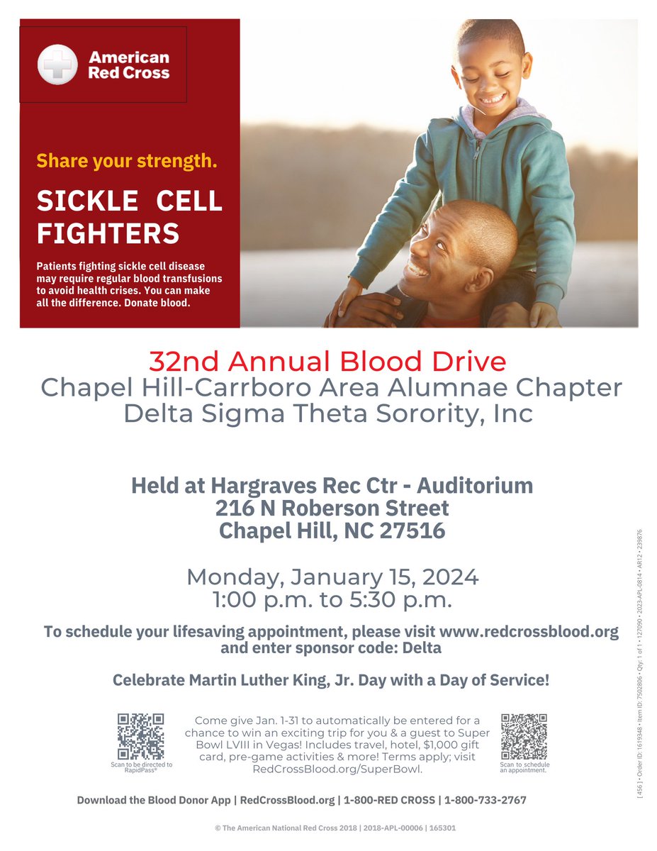 The MLK Day of Service is right around the corner and we need you! Please join us for our annual blood drive at Hargraves Rec Center on Monday, January 15, 2024 from 1:00 p.m. to 5:30 p.m. Visit shorturl.at/qY358 to schedule an appointment at our location! #DeltasServe