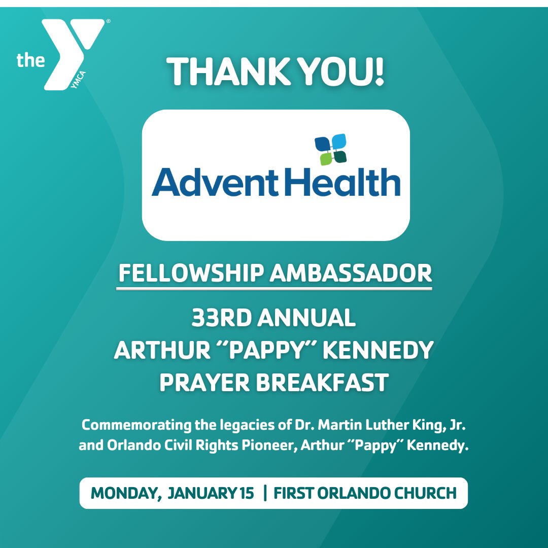 YCentralFlorida's tweet photo. We express our sincere gratitude to @AdventHealth for their generous support as the Fellowship Ambassador Sponsor of our 33rd Annual Arthur “Pappy” Kennedy Prayer Breakfast. We are delighted to come together for this impactful morning of fellowship and #EmpowerFutureLeaders. https://t.co/WEWnkVhneF