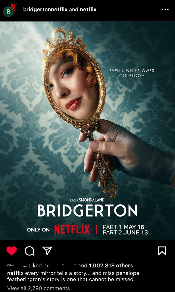 tanishaahahaha's tweet photo. A teaser poster with literally half her face and mirror, ends up with a million likes. Oh you’re so loved indeed! #Bridgerton https://t.co/ZlqQ9U98AM
