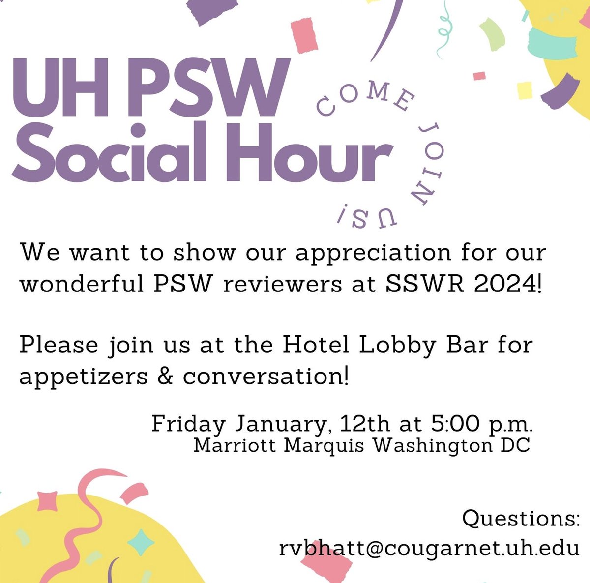 Join the @PSWjournal tomorrow at @SSWRorg! They will be hosting a social hour at 5 p.m. at the Hotel Lobby Bar! #SSWR2024