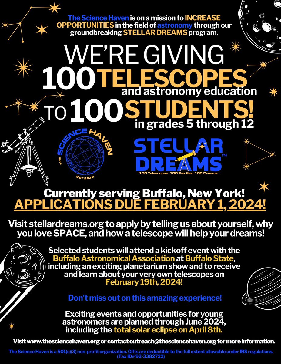 #BuffaloNY! We're giving 100 NEW telescopes and astronomy education to 100 students. We are struggling to pull in applications from the Buffalo area. Applications are due on February 1st! Students apply by going to stellardreams.org. PLEASE SHARE WIDELY!! @TheScienceHaven