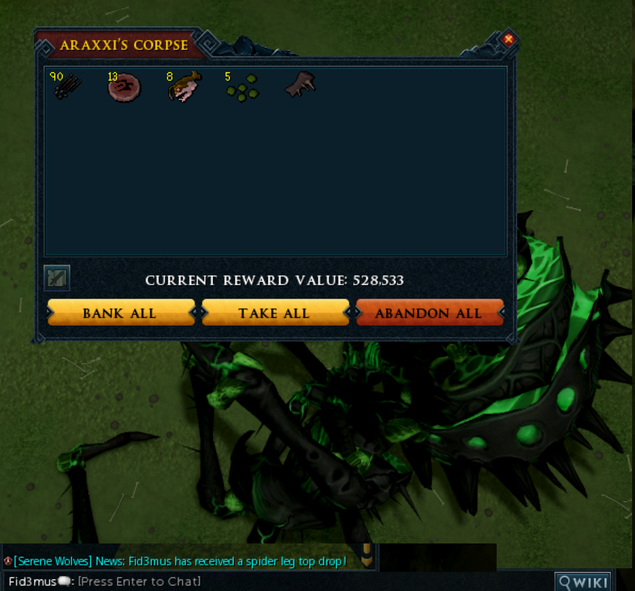 Fid3mus's tweet photo. Spider Leg top and Spider Web back to back drops from generous #Araxxi #Runescape https://t.co/BtFmDLOyio