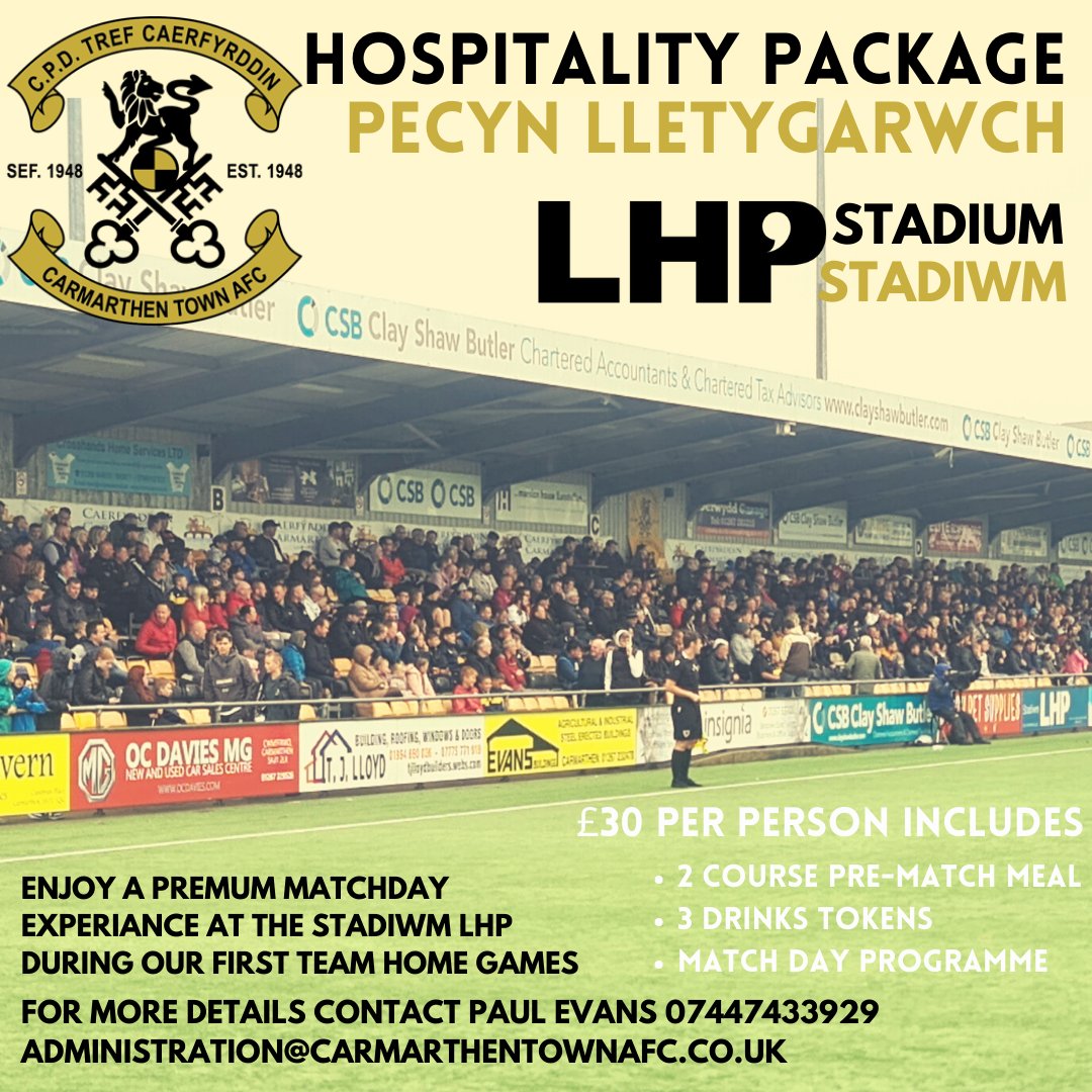 CarmarthenAFC's tweet photo. Matchday hospitality is available for the remainder of all our home games this season. 

Pecynnau Lletygarwch ar gael ar gyfer gweddill ein1 gemau cartref y tymor hwn

#UnHenAur #OneOldGold https://t.co/qCVO15kssv