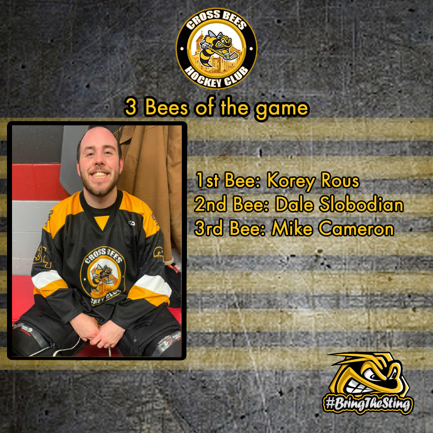 Game 18 - Jan 9th - 3 Bees of the game vs. The Original Shockers: 🐝---------1st Korey Rous 🐝🐝-----2nd Dale Slobodian 🐝🐝🐝-3rd Mike Cameron #BringTheSting #CrossBees