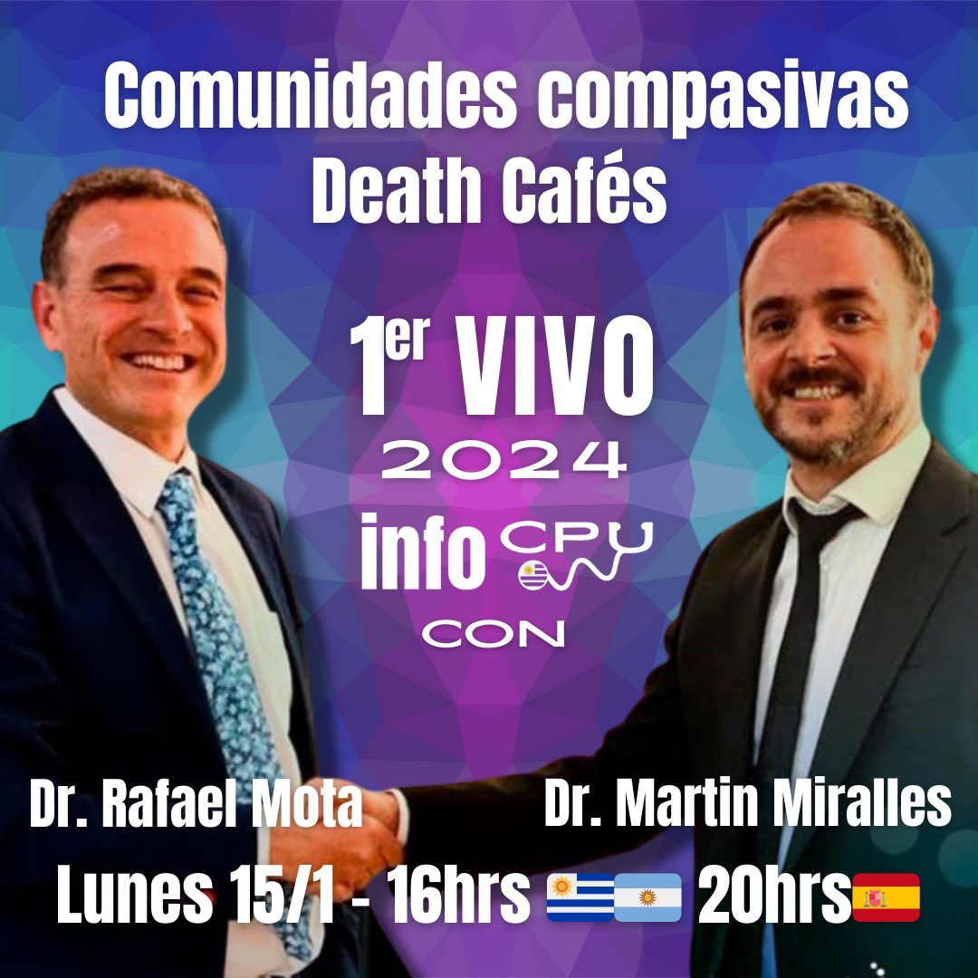 CuidadosInfo's tweet photo. 🤩Comunidades Compasivas &amp; Death Café ☕️ Nuestro primer VIVO del 2024😁 

Junto a dos referente internacionales. 
El Dr. Rafael Mota 🇪🇸 y el Dr Martin Miralles 🇦🇷.

¡Nos vemos en VIVO por Instagram! https://t.co/FPfcim0vFi https://t.co/obymQkLi8H