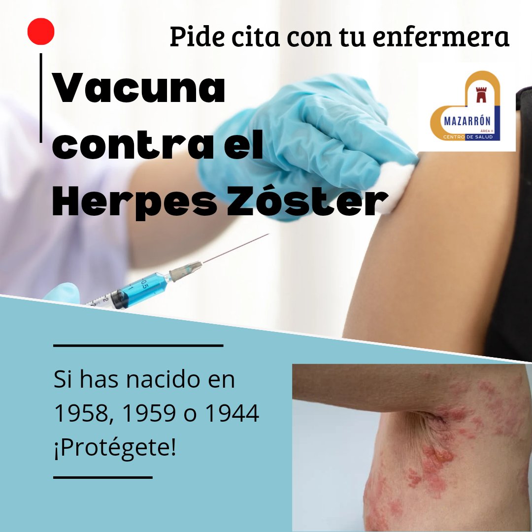 VACUNA CONTRA EL HERPES ZÓSTER
.
Si has nacido en los años 1958, 1959 o 1944. 
¡Protégete! Pide cita con tu enfermera.🧑‍⚕️🏥
.
#Vacunas 💉
#Herpeszóster
#AtenciónPrimaria 
#EnfermeríaFamiliaryComunitaria 
#Medicina #Enfermería