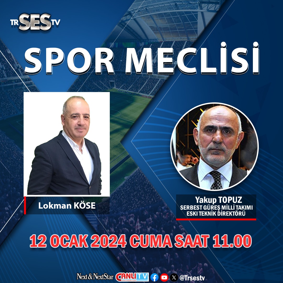 Lokman KÖSE’nin sunduğu Spor Meclisi programına Serbest Güreş Milli Takımı Eski Teknik Direktörü Yakup TOPUZ konuk olacak. Canlı yayınımızı yarın saat 11.00’de Youtube ve Canlı tv üzerinden seyredebilirsiniz.

 #spor #spormeclisi #trsestv #canlı
