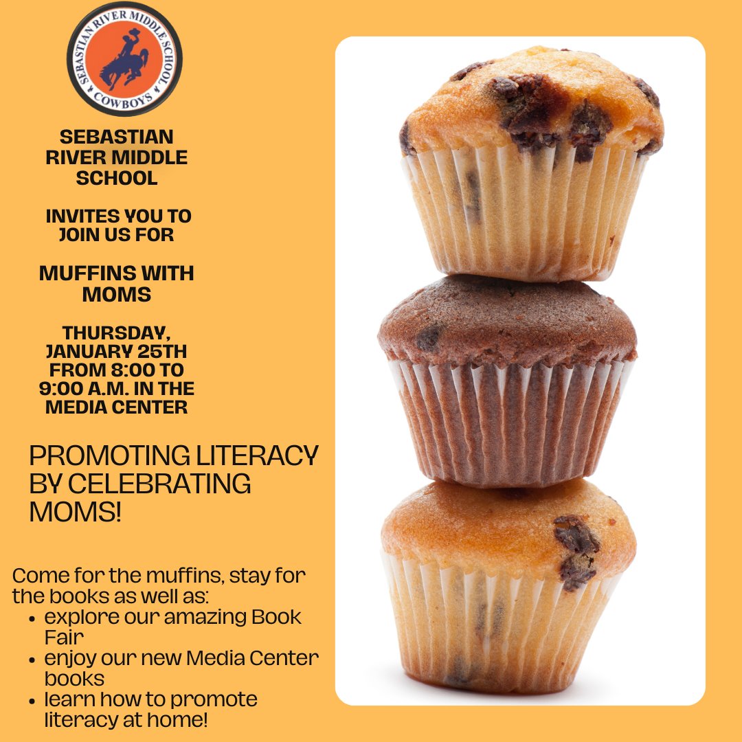 SRMS is pleased to announce Muffins with Moms: A Literacy Celebration. Join us as we celebrate literacy with an amazing Book Fair and explore our new Media Center books.