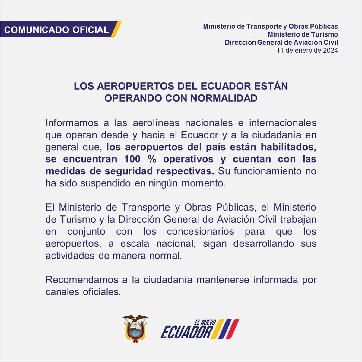 ¡Atención!📌 Los aeropuertos del país✈️están operando con normalidad. Más información, aquí⬇️