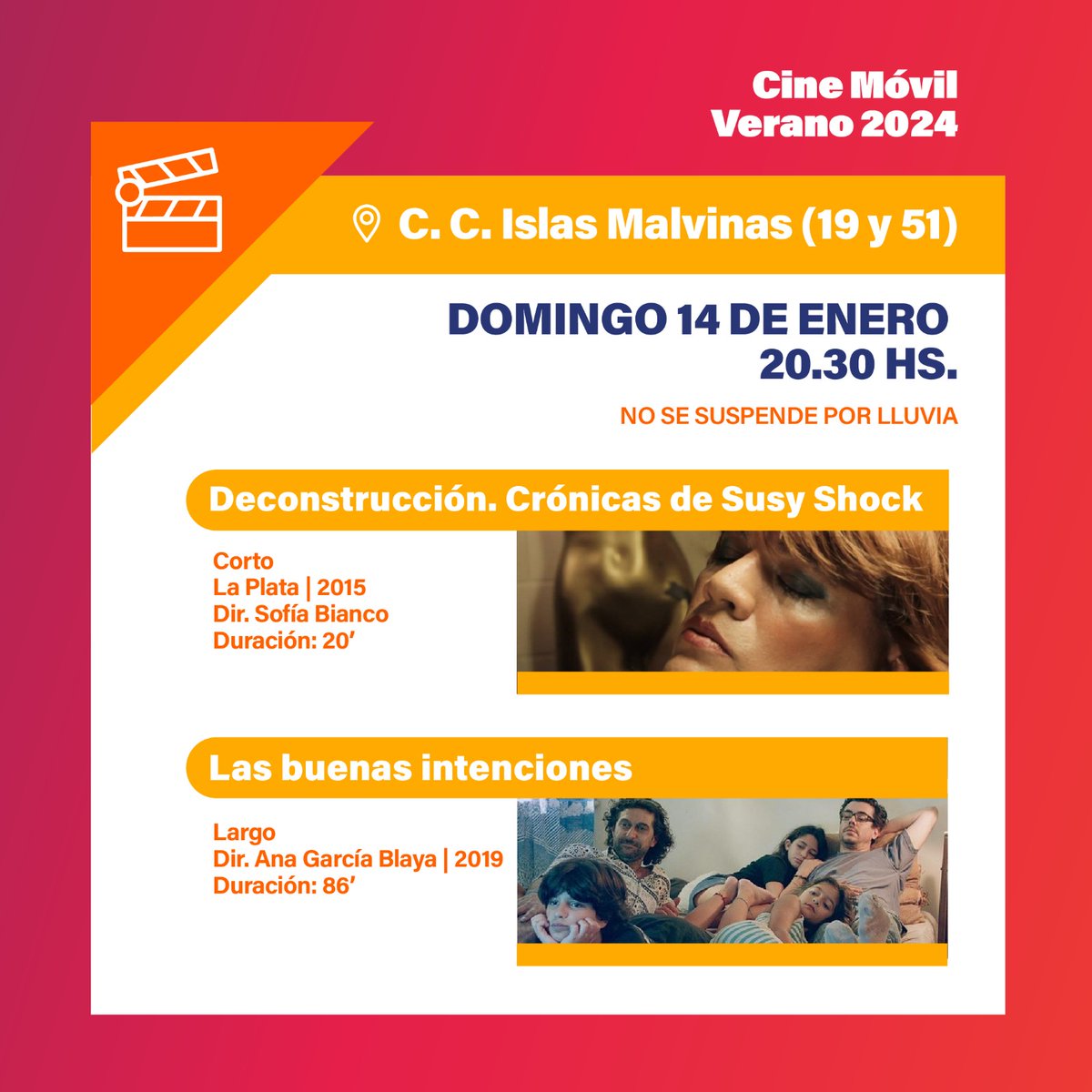 🎬 Cine Móvil verano 2024

🇦🇷 Seguimos disfrutando el ciclo de películas Argentinas y cortos platenses este viernes y domingo ¡Venite! 🙌🏼

📌 Viernes 12 de enero en Meridiano V.

📌 Domingo 14 de enero en el CC. Islas Malvinas.

🕙 Funciones a partir de las 20.30hs.