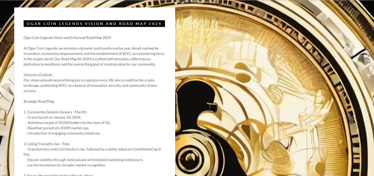 Road Map and Vision are now live on our website! 🌐 Dive in to discover the strategic milestones and ambitious goals that will shape the future of $OCL.
Join us on this exciting journey!

Explore Now: ogarcoinlegends.com

#OCLARMY #RoadMapReveal #SolanaCommunity