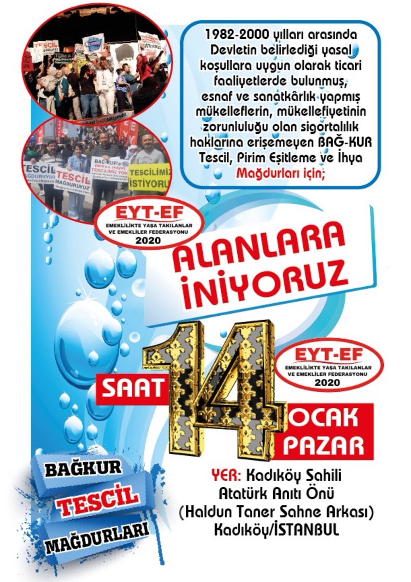FakirAdam3435's tweet photo. BASIN AÇIKLAMASI 
#BağkurTESCİLMağdurları
👇👇👇👇👇👇👇👇
14 Ocak Pazar 
Günü Kadıköy iskelede Basın Açıklamamız Olacaktır Herkesin Katılımını Rica Ediyoruz.
Bağkura TESCİLİNİ İsteyen SGK İle Aynı Şartlarda Prim Eşitlenmesiini  İsteyen 
İhya İsteyen Herkes Davetlidir.
BİZLERİ YANLIZ BIRAKMAYIN
#BagkurVarsaSecimVar
#4bSorunu
#BağkurTESCİLMağdurları

@RTErdogan @mehmedmus @memetsimsek @isikhanvedat @vedatbilgn @ErbakanFatih @dbdevletbahceli @_cevdetyilmaz @Dogu_Perincek @eczozgurozel @meral_aksener @B_Palandoken @selcukktepeli @YS_Turkoglu @ekremacikel @KucukkayaIsmail @avabdullahguler @leylasahinusta @AvOzlemZengin @akbasogluemin @abdulhamitgul @NumanKurtulmus @erkanakcay45 @M_Levent_Bulbul @celal_adan @SermetAtay @MehmedAltinoz  @suatkilic @nureddingul @mfatihmujdeci @drmfatihoztek @naimozturrk @SelcukGeyveli @CengizzorYRP @MehmetKDRL @CemilColakRP @korayaydintr @MDervisogluTR @55erhanusta @Av_Burcu03 @alimahir @gunaydingokhan @GulizarBicer @SaruhanOluc @meraldanis @cenginyurt52 @umitozdag @OnderAksakal @ArzuLastikci
