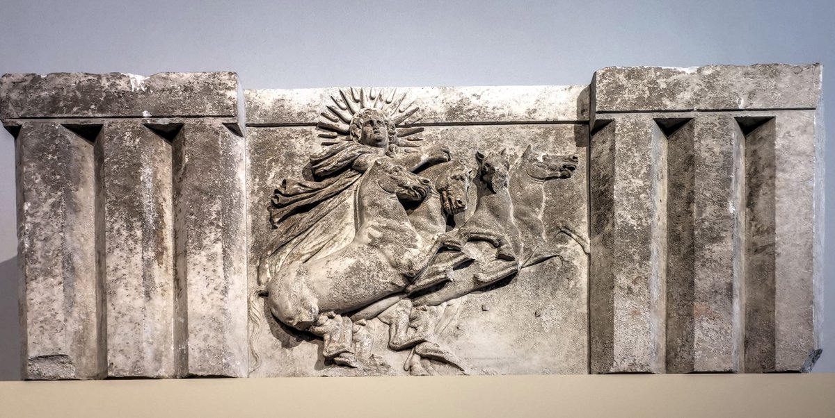 Relief of Helios smuggled by Schliemann from Troia in Turkey. 
Fragment of a doric architrave from the temple of Athena in Troia, unique for its depiction of Helios on the metope. The relief of Helios on the quadriqa among triglyphs is thought to have been dedicated to the temple