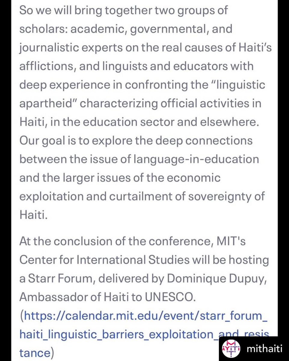 MITHaiti's tweet photo. Konferans an prezansyèl gratis ti cheri @MIT samdi 20 janvye 8:30am—6:30pm. Tanpri ede n fè pawòl la mache pou mouvman liberasyon an ka vanse.  Apre woumble a, n ap pataje videyo ak soutit an kreyòl. Ajannda &amp; enskripsyon : https://t.co/FNK7vACO7R @MalickGhachem @FictionsofHaiti https://t.co/kbjNEvTptn