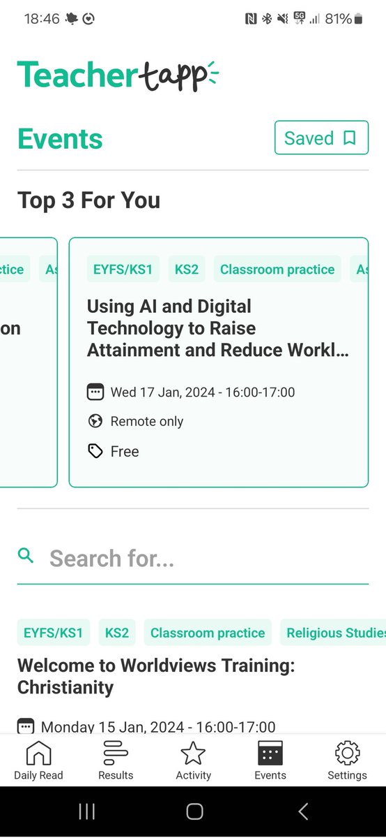 The new EVENTS tab on the <a href="/TeacherTapp/">Teacher Tapp</a> app. 👏 Love it. Tailored to me with a "Saved" section? What's not to lo love?!