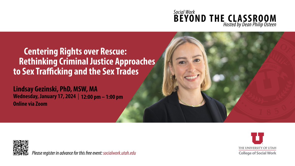 January is #HumanTraffickingPreventionMonth. Next Wed (1/17), Dr Gezinski will share evidence-based insights into the complexities of sex trafficking &amp; anti-trafficking efforts. Register in advance for this free virtual event: socialwork.utah.edu/events/ #HumanTraffickingAwarenessDay