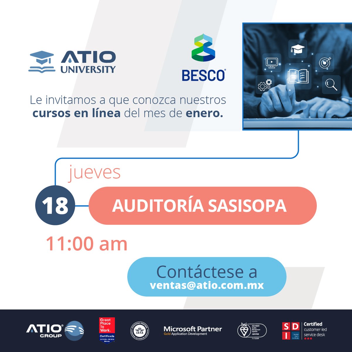 ATIOGroup's tweet photo. 📣¡Segundo curso de enero!📣
 
#ATIOGroup junto a @grupobesco le invitamos a inscribirse al curso "Auditoría #Sasisopa". Conozca información esencial de las #auditorias como roles, funciones, requisitos #legales y mucho más.

📆Jueves 18 de enero
⏰11:00 am
✉️ventas@atio.com.mx https://t.co/nxY6U8cIh0