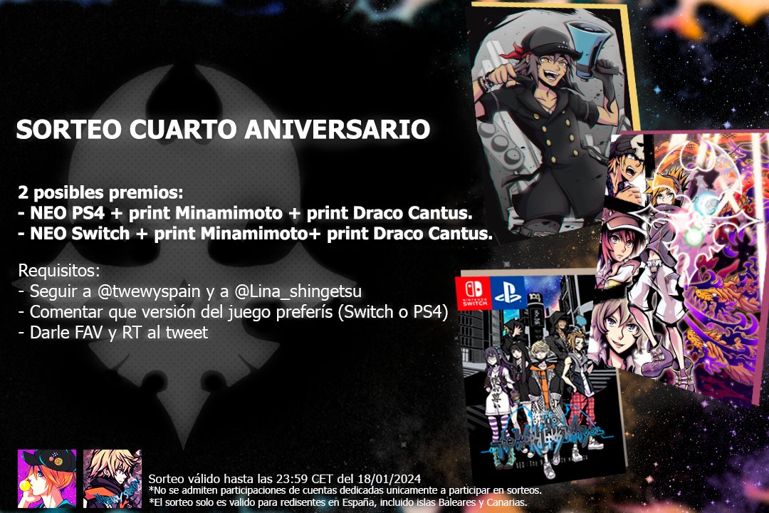 twewyspain's tweet photo. 🎁 SORTEO ESPECIAL 🎁
¡Regalamos dos copias físicas de NEO: The World Ends with You y dos prints de Minamimoto y Draco Cantus!

Participa:
✅Sigue a @twewyspain
✅Sigue a @Lina_shingetsu
💬Comenta: Switch o PS4 
🔁RT + FAV

Habrá dos ganadores, que tendrán un juego y dos prints. https://t.co/8vAOyzsXlV