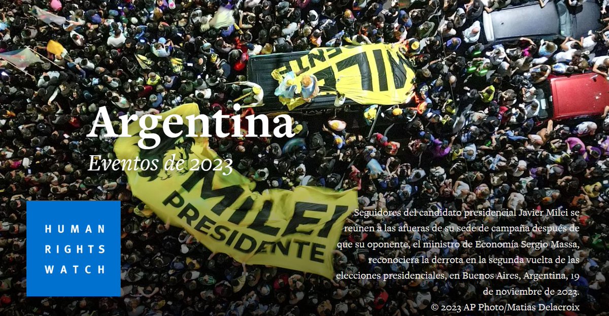 santiagomenna's tweet photo. 🇦🇷🔍Human Rights Watch publicó hoy su informe mundial 2024 y, como lo hace desde hace años, incluye un capítulo sobre Argentina.

¿Qué dice sobre la situación de derechos humanos en el país? Breve hilo con info destacada.

Capítulo completo acá: https://t.co/t7cwZ1GrFj. (1/8) https://t.co/qdlno9da39